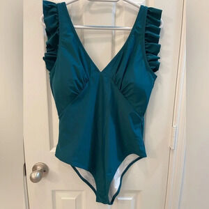 Cupshe Teal V-Neck‎ One Piece Swimsuit Ruffled Shoulder XXL